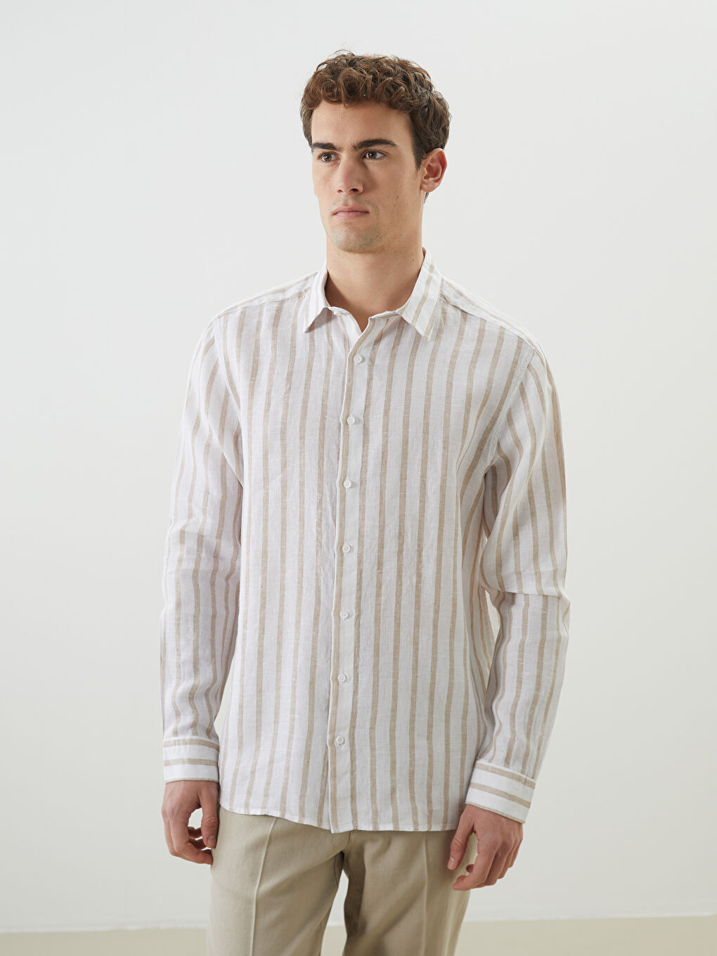 Regular Fit Long Sleeve Striped Linen Men's Shirt -S5G667Z8-ELZ