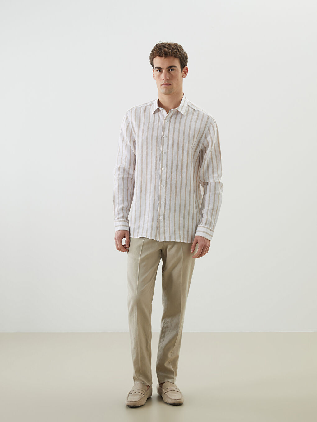 Regular Fit Long Sleeve Striped Linen Men's Shirt -S5G667Z8-ELZ