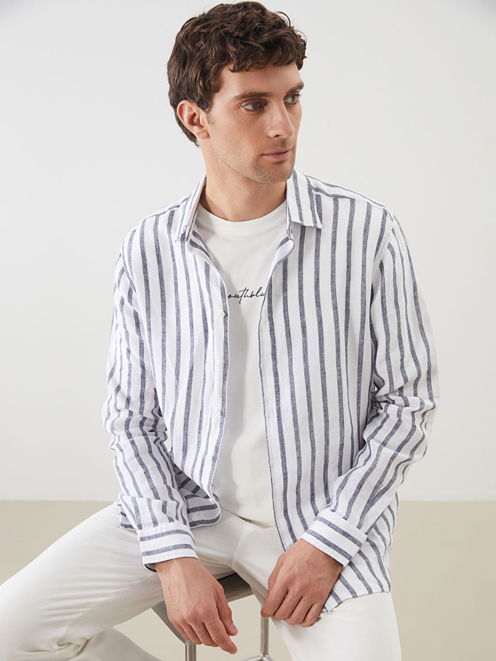 Regular Fit Long Sleeve Striped Linen Men's Shirt -S5G667Z8-LGB
