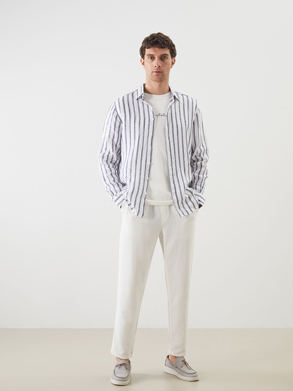 Regular Fit Long Sleeve Striped Linen Men's Shirt -S5G667Z8-LGB
