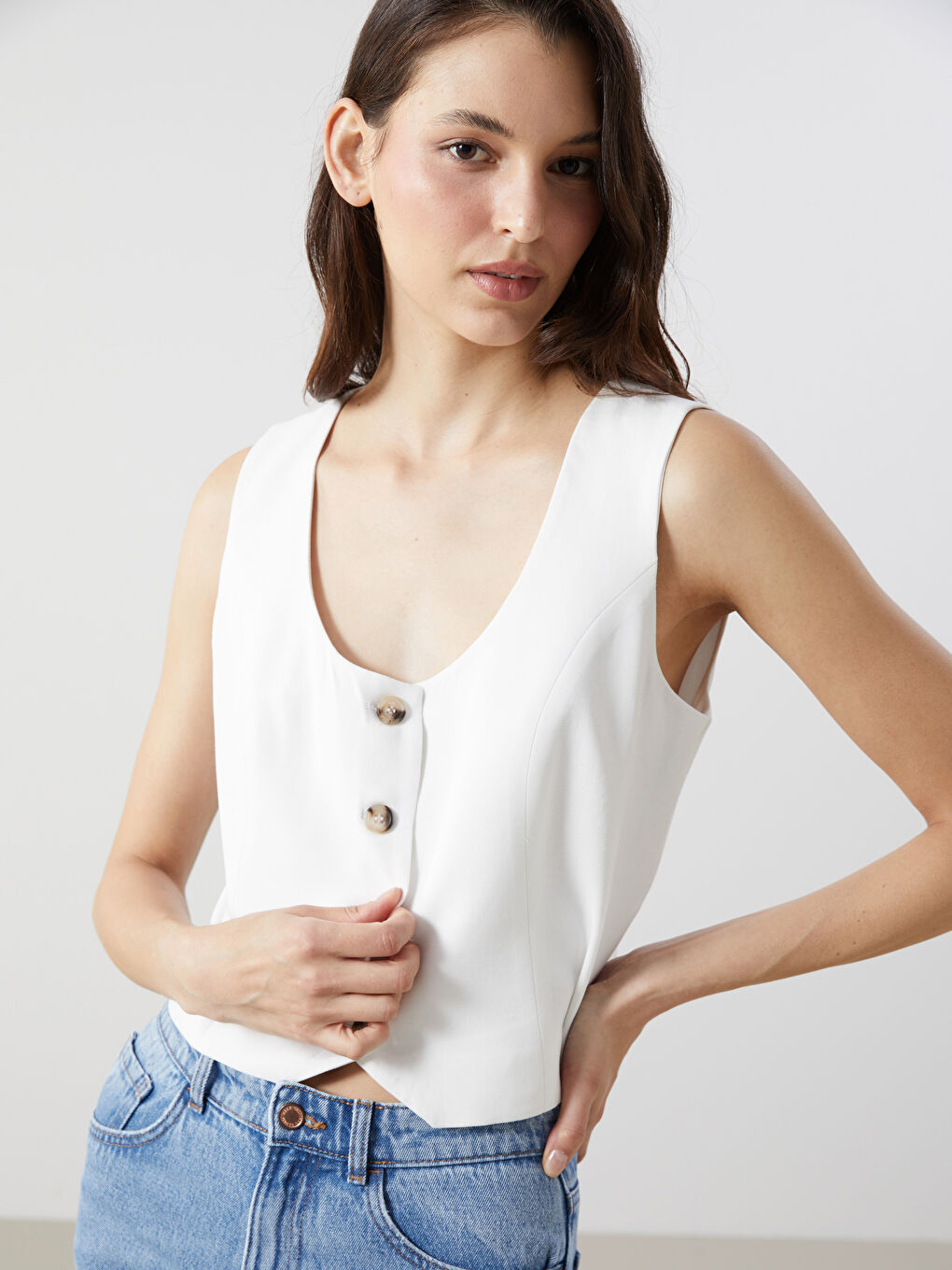 U Neck Linen Blend Women's Classic Waistcoat -S5G745Z8-J5F