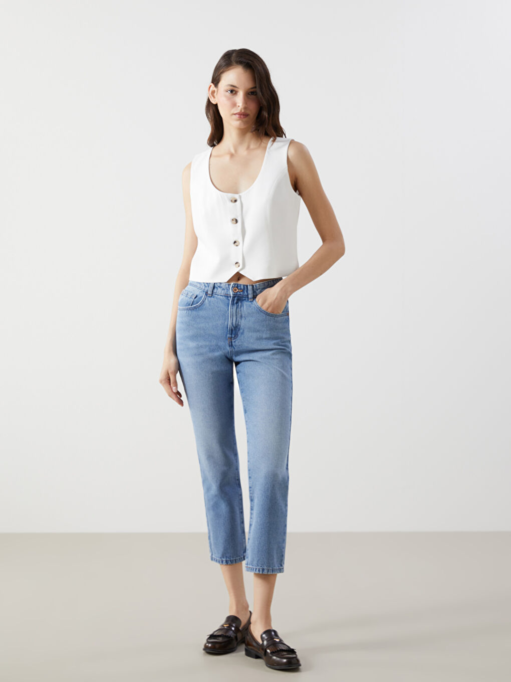 U Neck Linen Blend Women's Classic Waistcoat -S5G745Z8-J5F