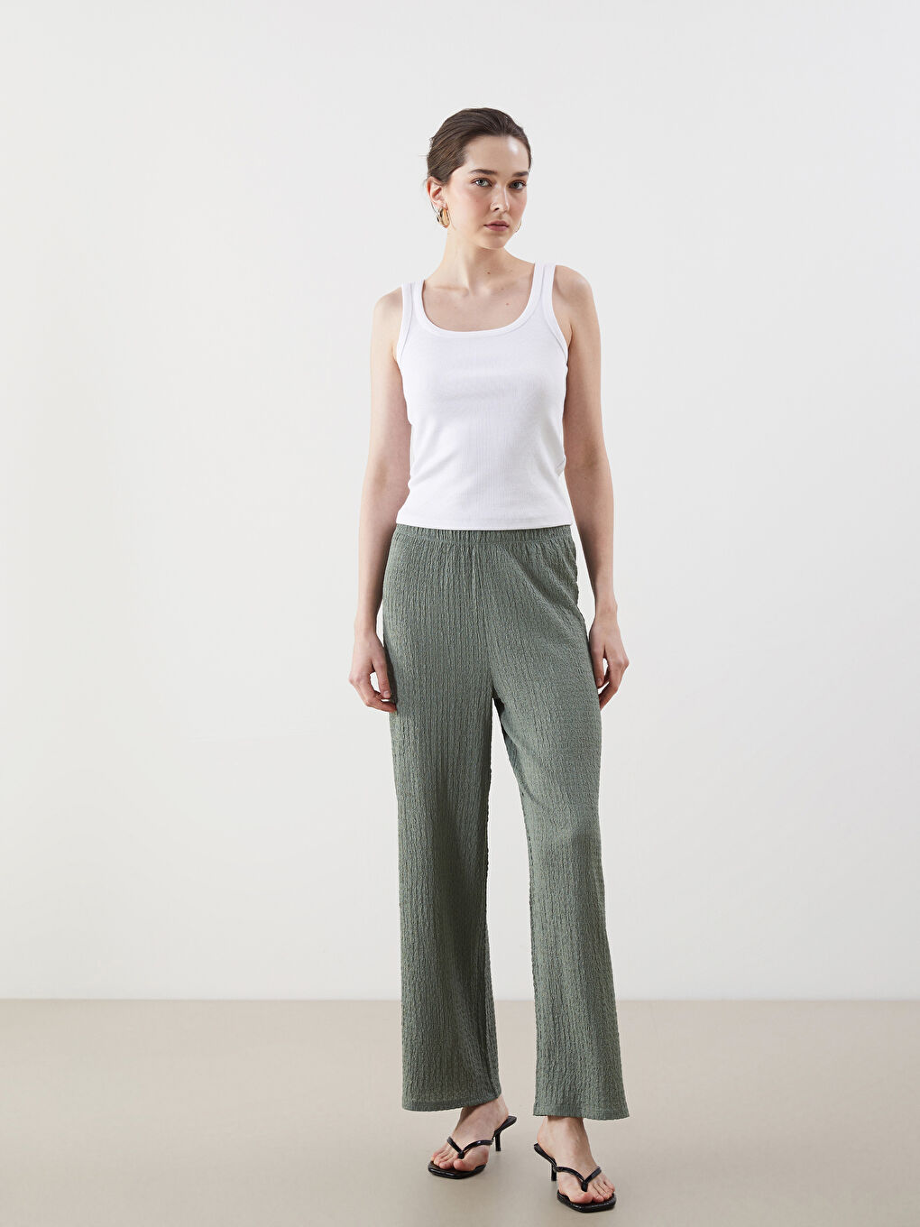 Elasticated Waist Textured Women's Trousers -S5G920Z8-GC8