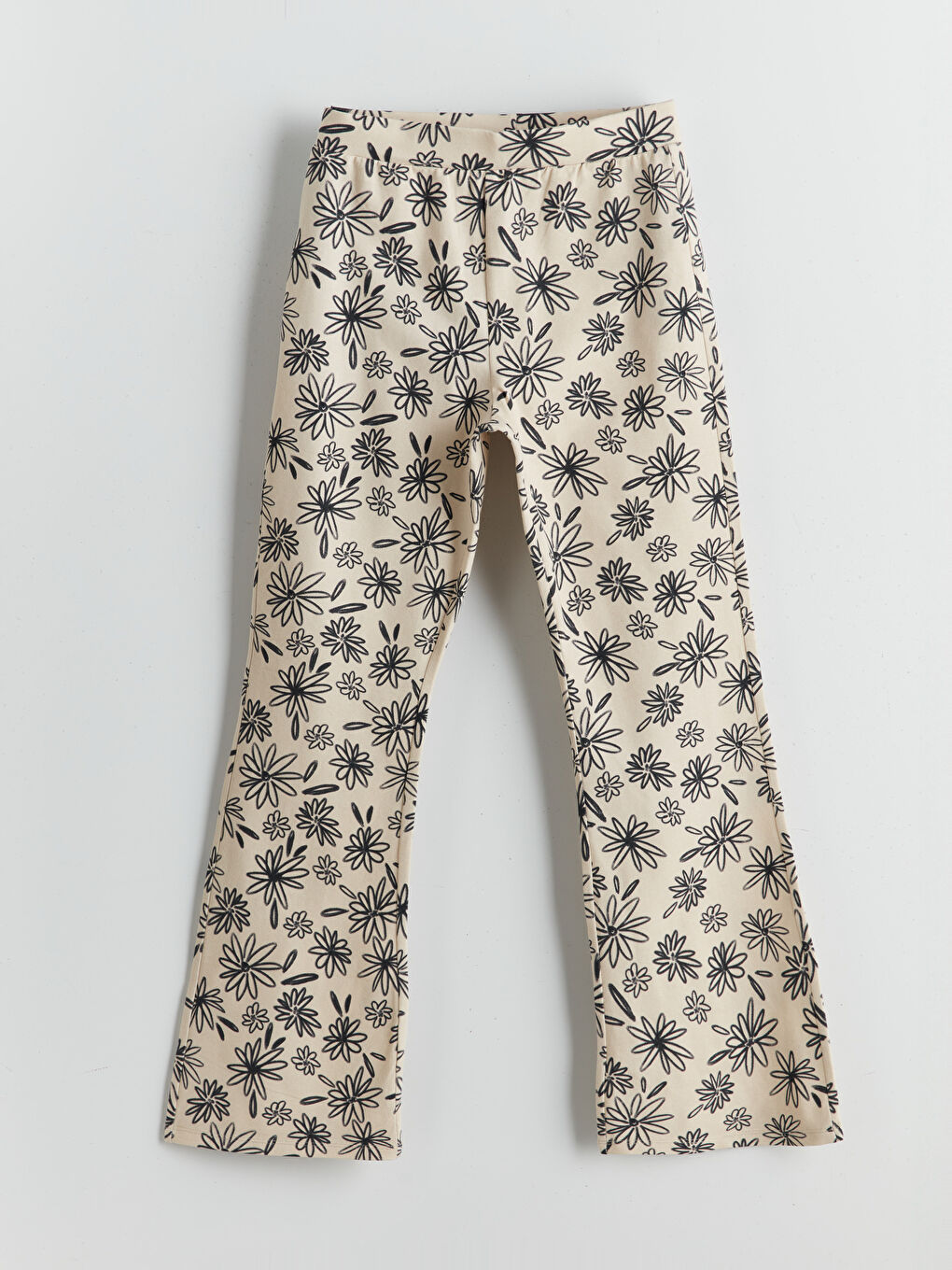 Ekru Beli Lastikli Çiçekli İspanyol Paça Kız Çocuk Tayt