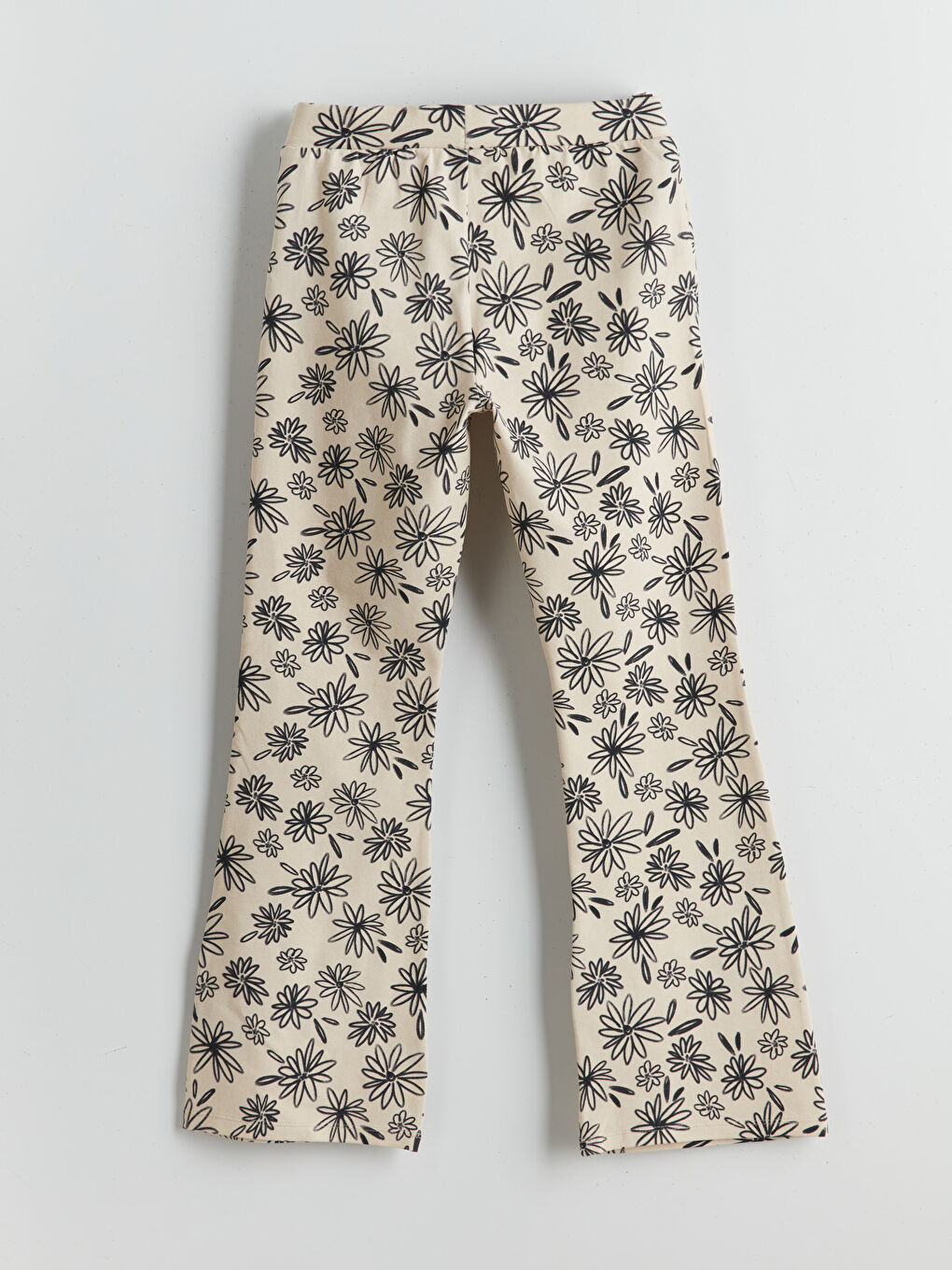 Ekru Beli Lastikli Çiçekli İspanyol Paça Kız Çocuk Tayt-1