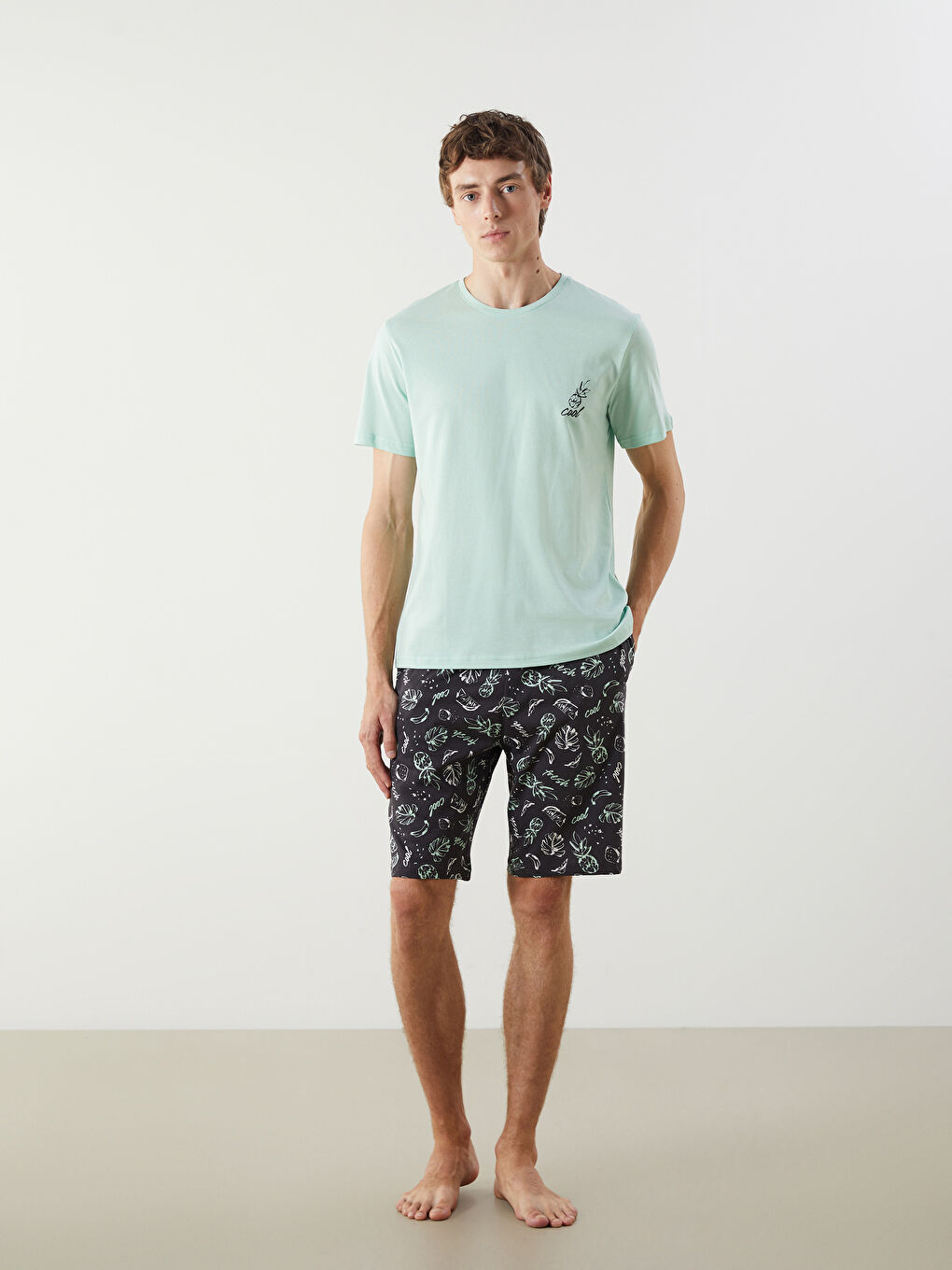 Yeşil Standart Kalıp Erkek Şortlu Pijama Takımı-1