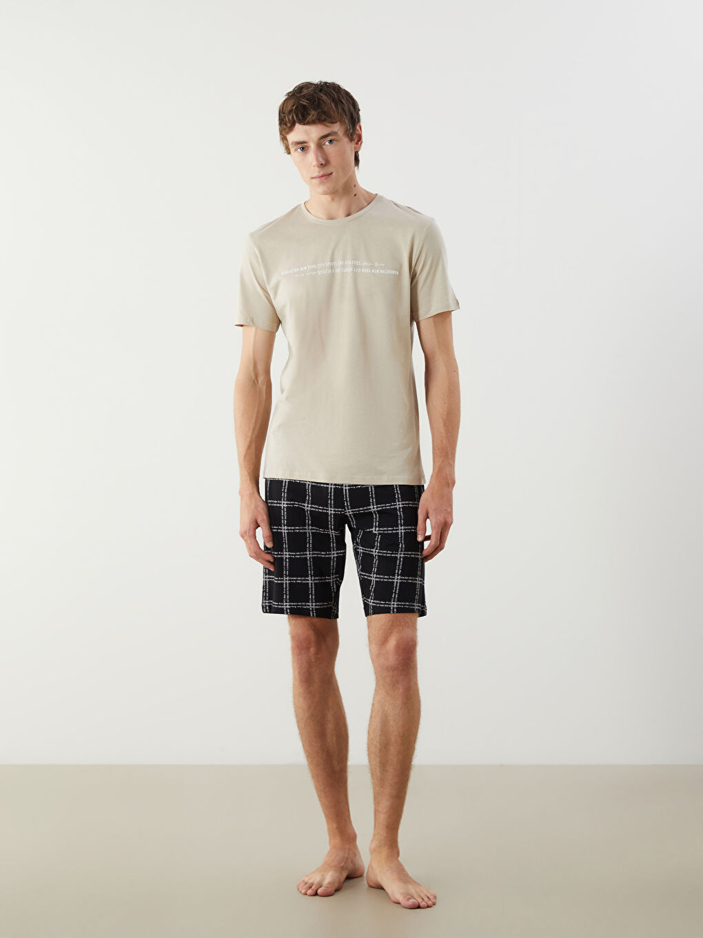 Bej Standart Kalıp Erkek Şortlu Pijama Takımı-1