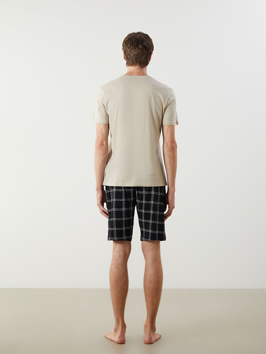 Bej Standart Kalıp Erkek Şortlu Pijama Takımı-3