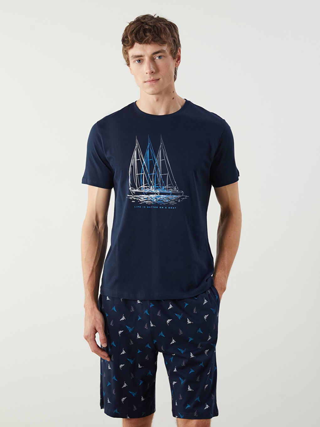 Lacivert Standart Kalıp Erkek Şortlu Pijama Takımı