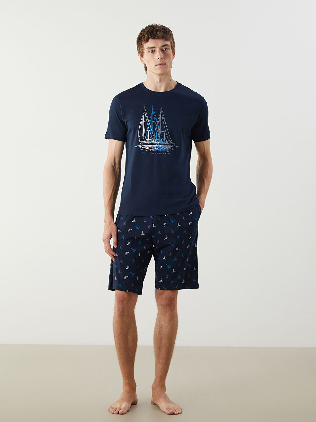 Lacivert Standart Kalıp Erkek Şortlu Pijama Takımı-1