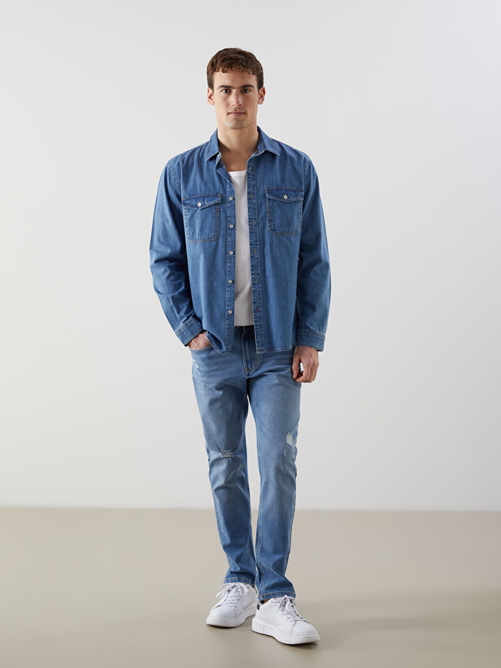 İndigo Regular Fit Uzun Kollu Erkek Jean Gömlek-1