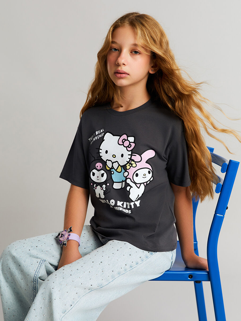 Crew Neck Hello Kitty Printed Girls' T-Shirt