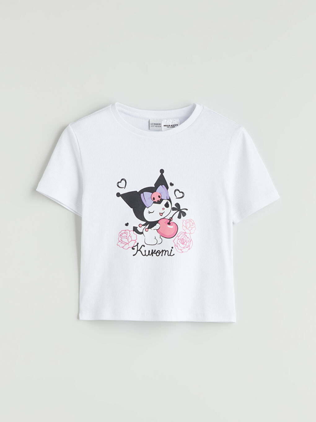 Beyaz Bisiklet Yaka Kuromi Baskılı Kız Çocuk Crop Tişört