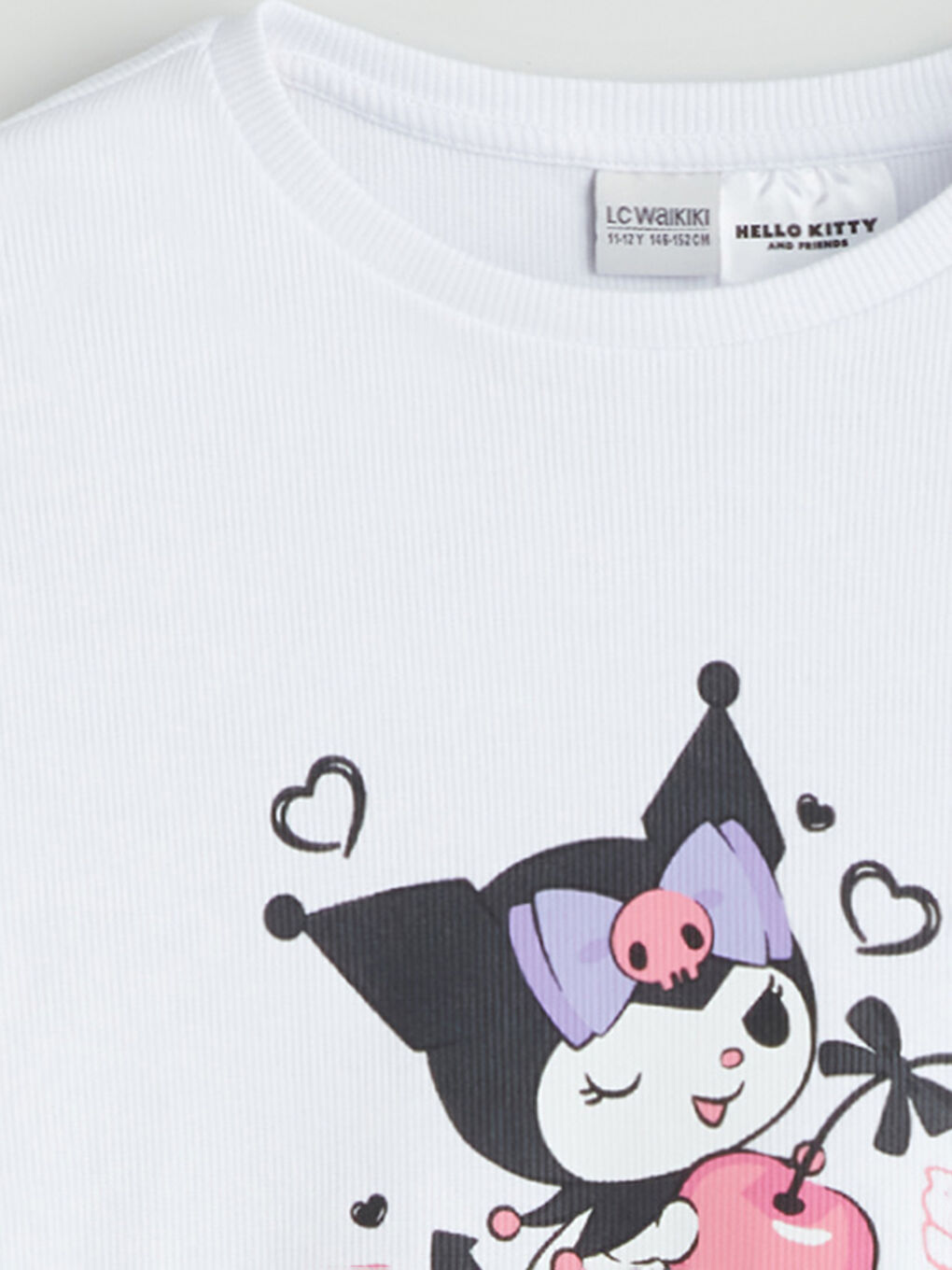 Beyaz Bisiklet Yaka Kuromi Baskılı Kız Çocuk Crop Tişört-2