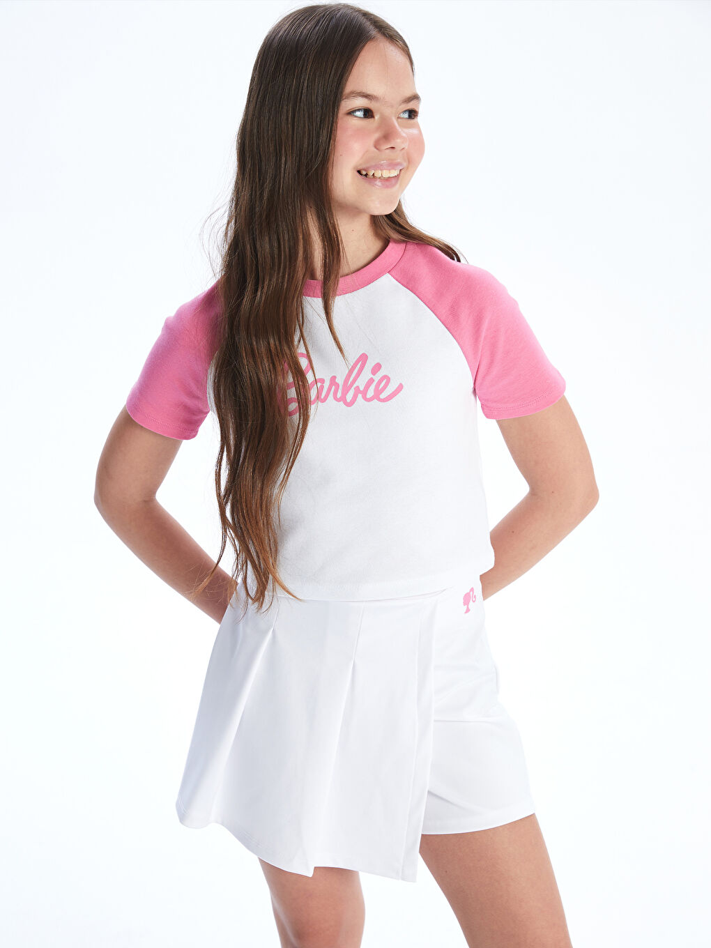 LCW Kids Crew Neck Barbie Printed Girls' T-Shirt and Shorts Skirt -S5GE47Z4-Q6K