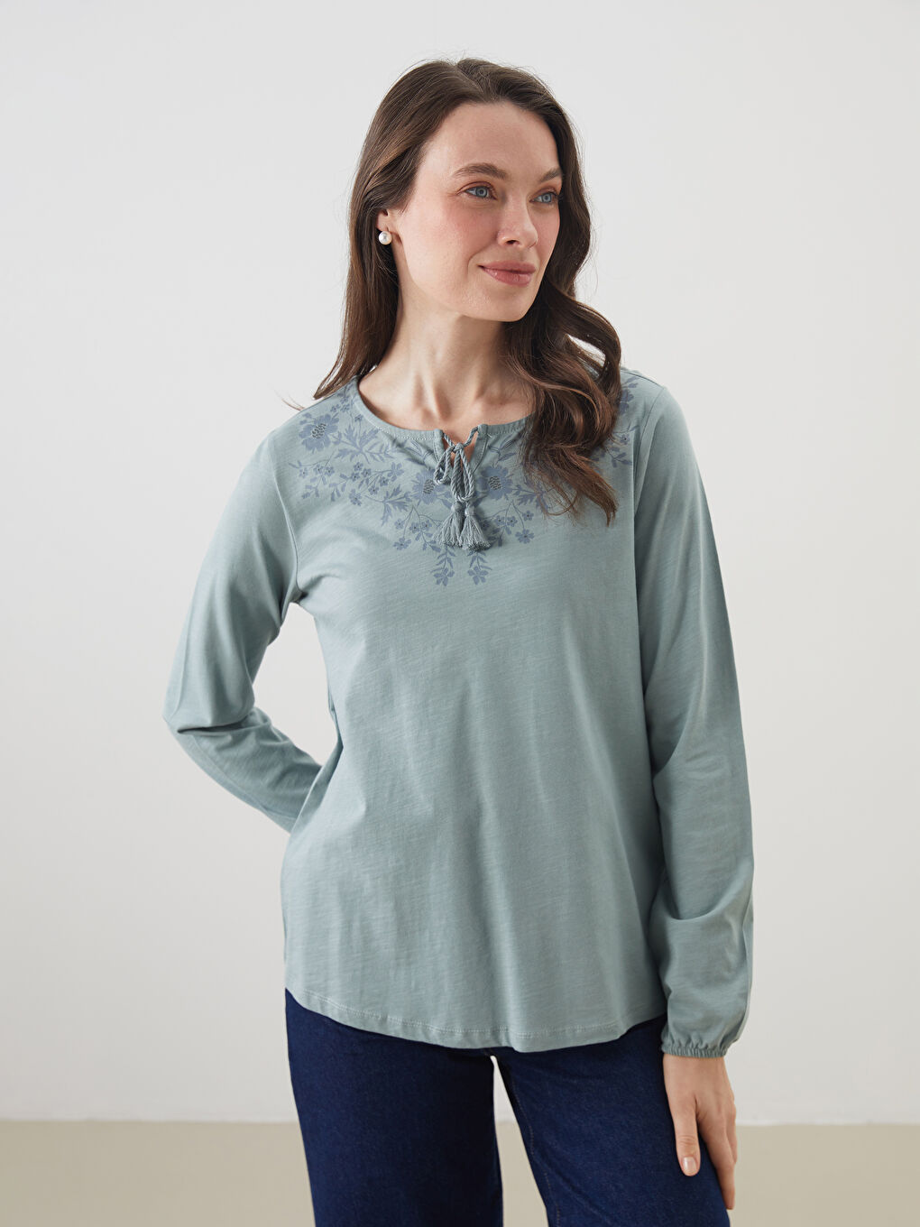 Tie Neck Patterned Women's Blouse -S5GE91Z8-DNS
