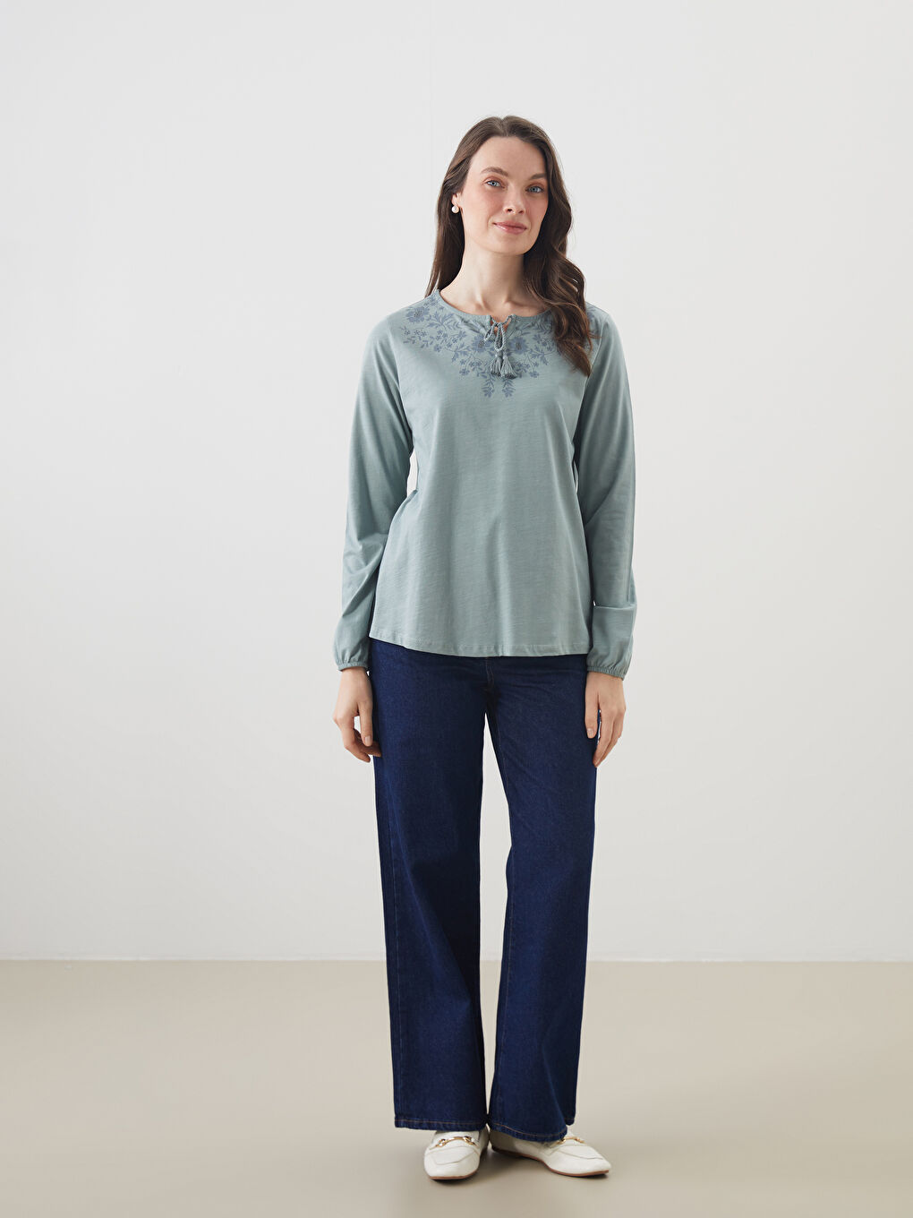 Tie Neck Patterned Women's Blouse -S5GE91Z8-DNS