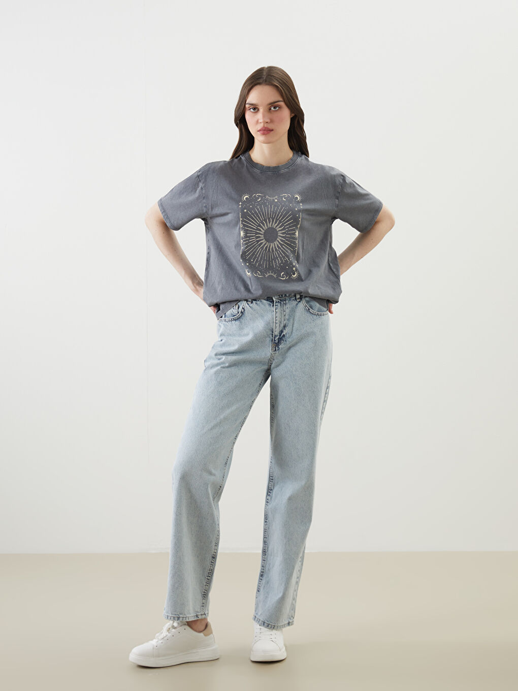 Crew Neck Printed Oversize Women's T-Shirt -S5GF16Z8-DC4