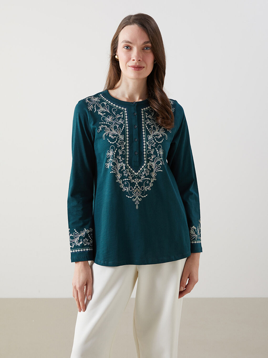 Yeşil Bisiklet Yaka Desenli Kadın Bluz