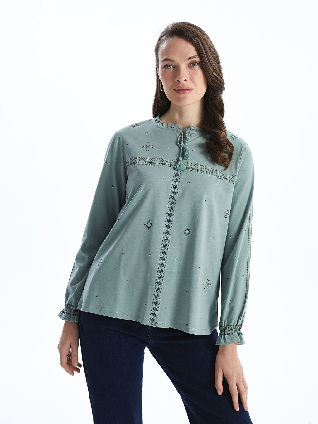 Yeşil Bağlamalı Yaka Desenli Kadın Bluz