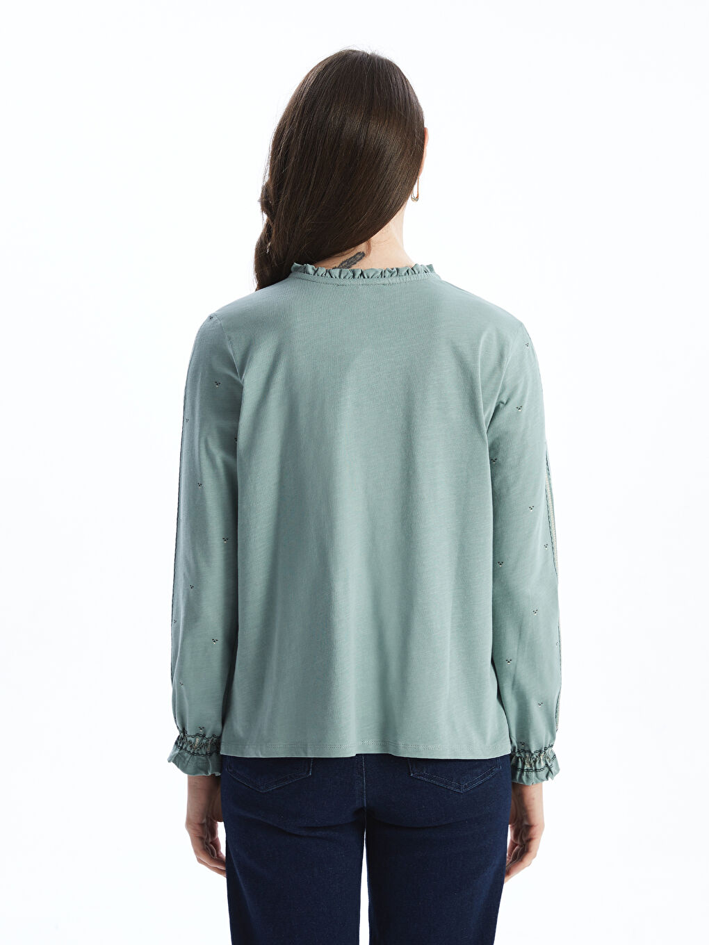 Yeşil Bağlamalı Yaka Desenli Kadın Bluz-3