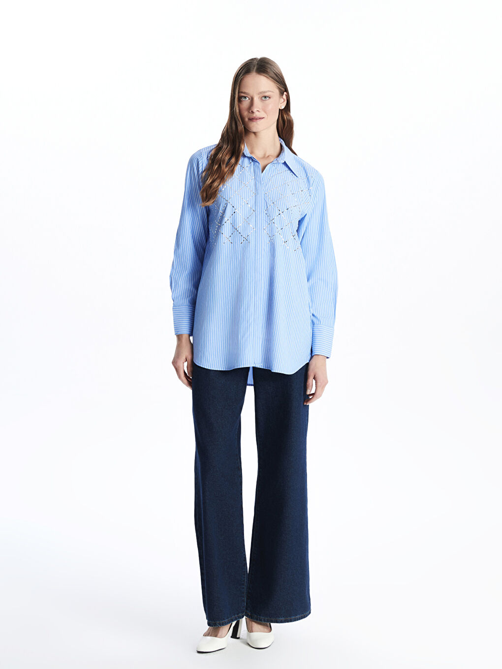 Mavi Parlak Taşlı Poplin Kadın Gömlek Tunik-1