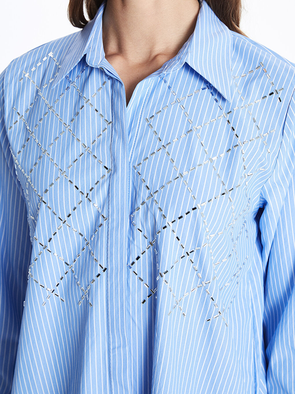 Mavi Parlak Taşlı Poplin Kadın Gömlek Tunik-2