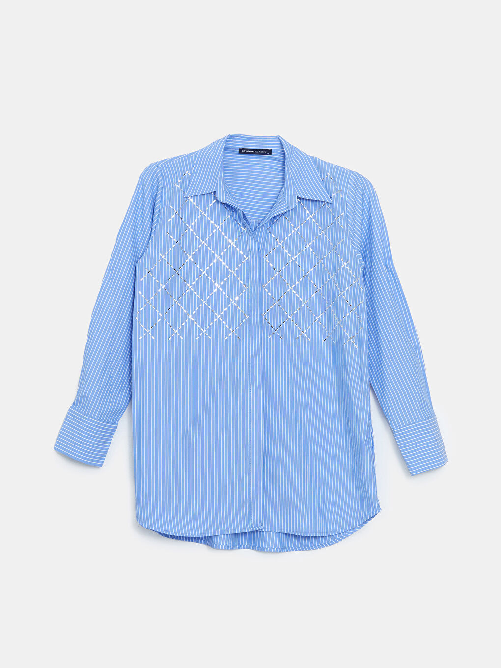 Mavi Parlak Taşlı Poplin Kadın Gömlek Tunik-4