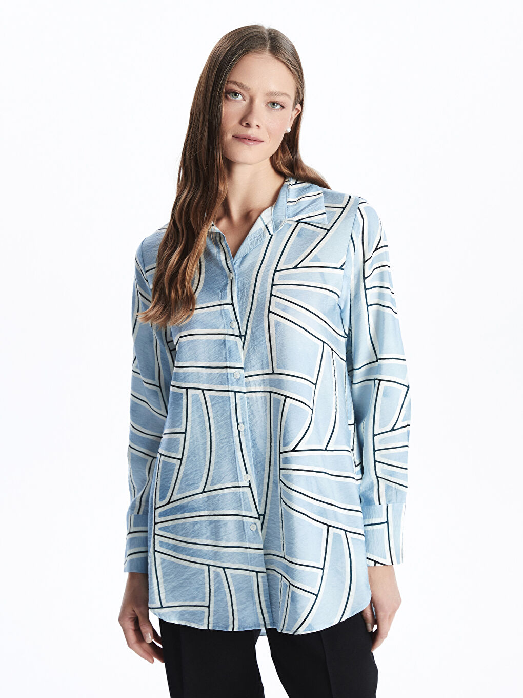Mavi Desenli Kadın Gömlek Tunik