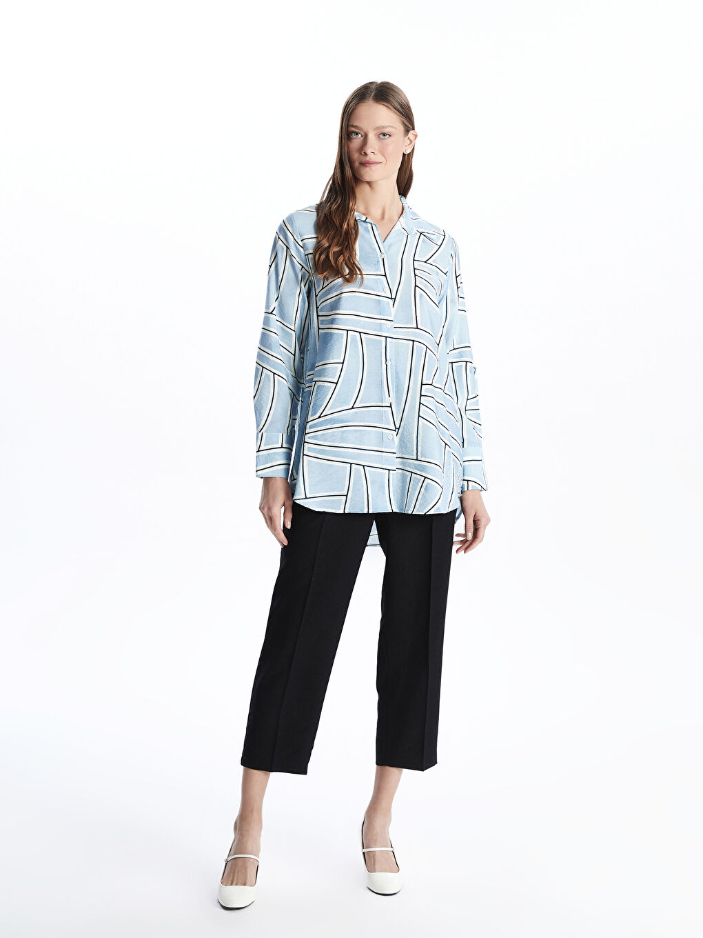 Mavi Desenli Kadın Gömlek Tunik-1