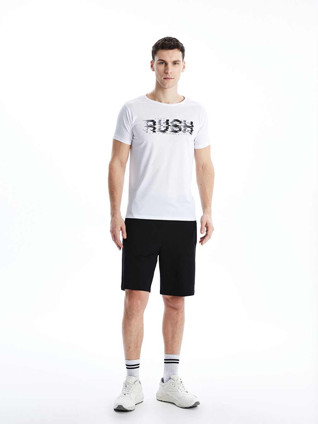 Beyaz Bisiklet Yaka Kısa Kollu Erkek Spor Tişört-1