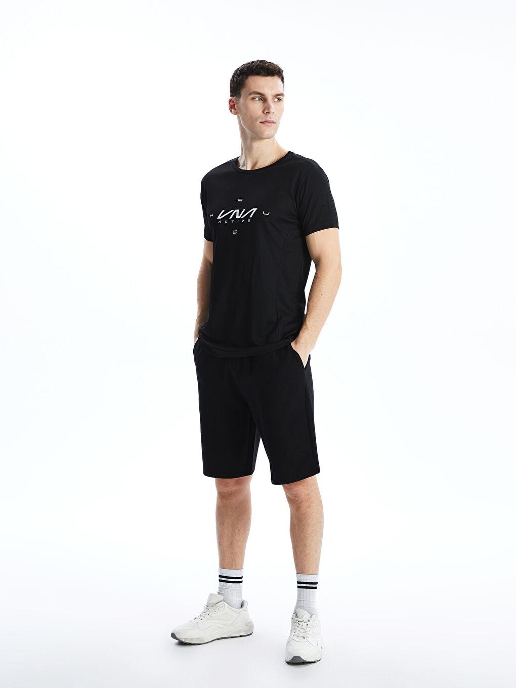 Siyah Bisiklet Yaka Kısa Kollu Erkek Spor Tişört-1