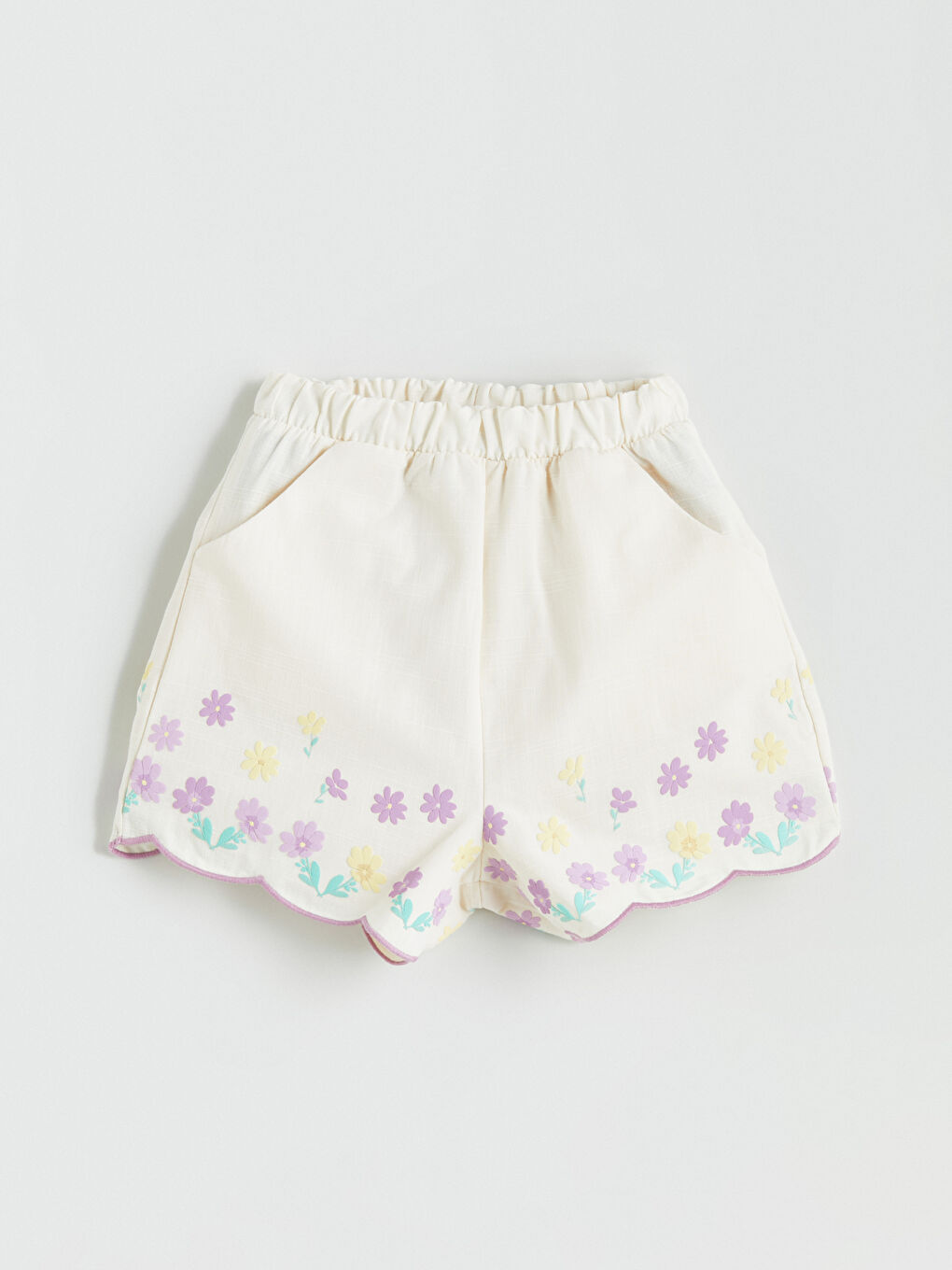 Ekru Kare Yaka Çiçekli Kız Çocuk Bluz ve Şort 2'li-4