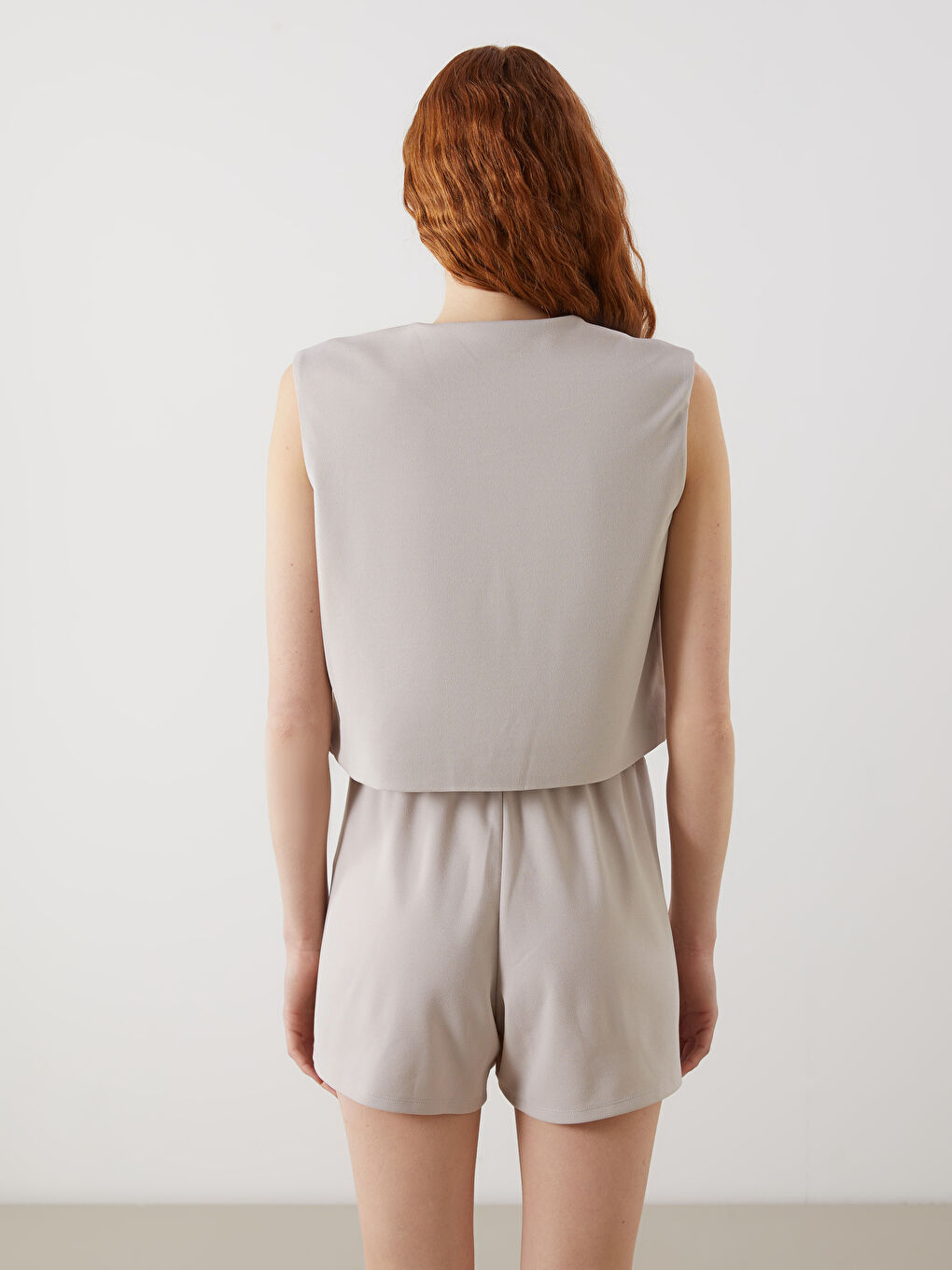 Gri Bisiklet Yaka Kadın Klasik Yelek-3