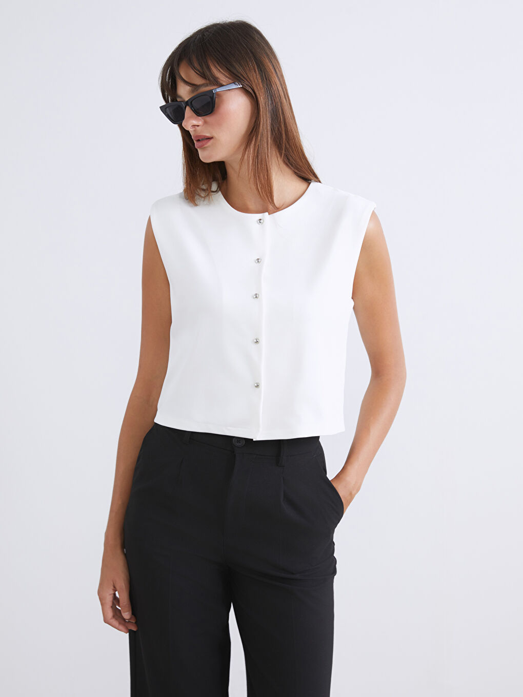 Ekru Bisiklet Yaka Kadın Klasik Yelek