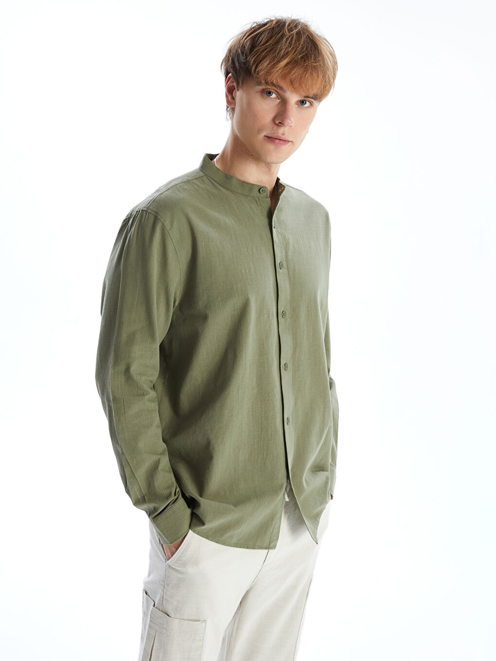 Haki Regular Fit Uzun Kollu Poplin Erkek Gömlek