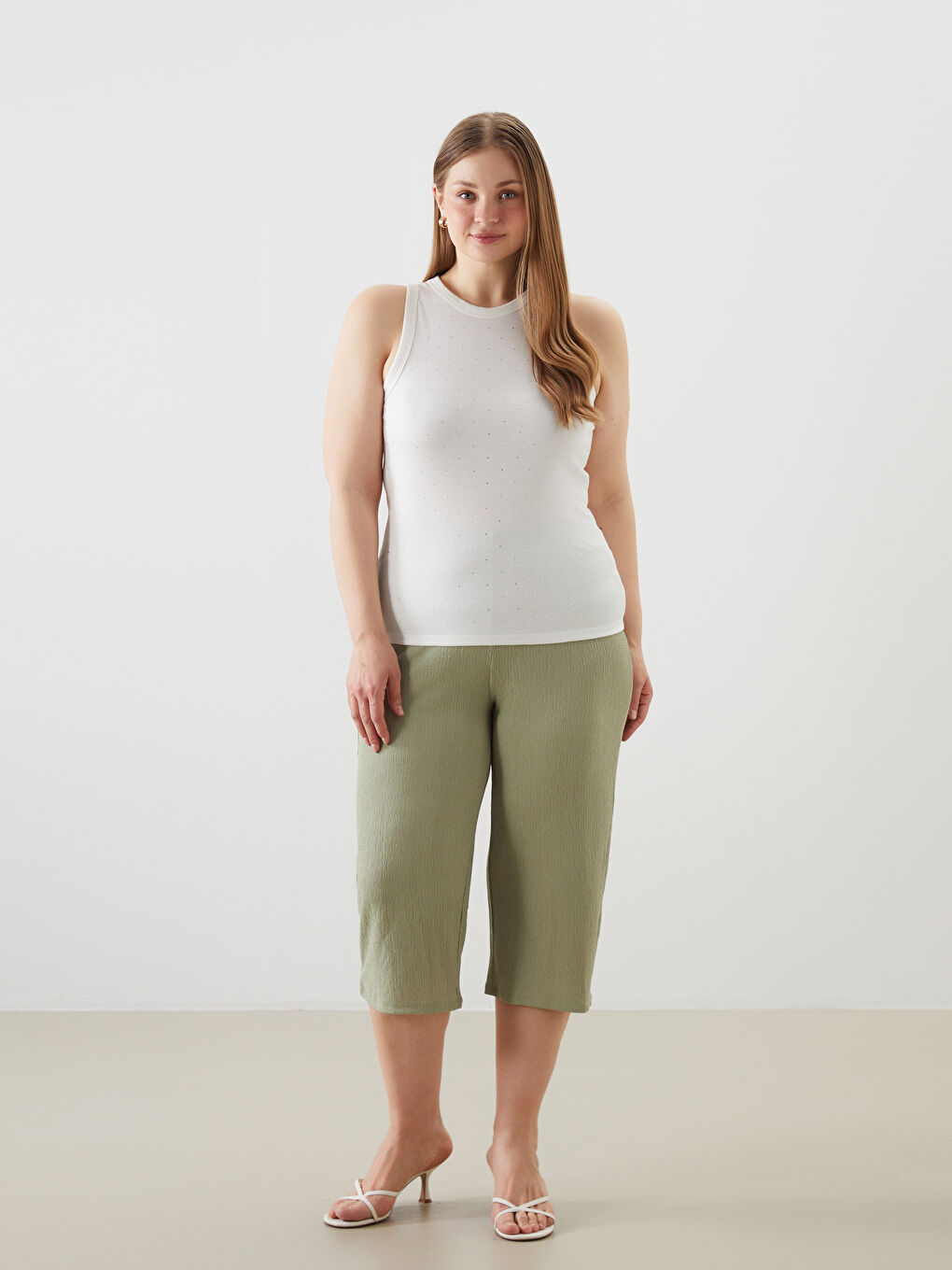 Yeşil Beli Lastikli Dokulu Kadın Kapri-2