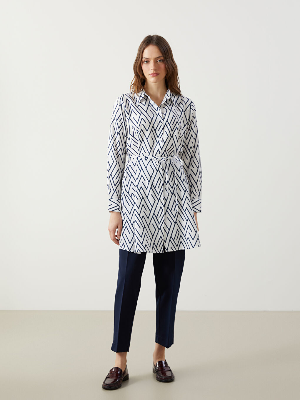 Patterned Sashed Women's Shirt Tunic -S5GJ76Z8-LS3