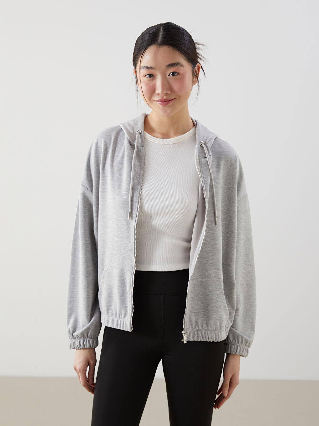 Gri Kapüşonlu Oversize Kadın Fermuarlı Sweatshirt