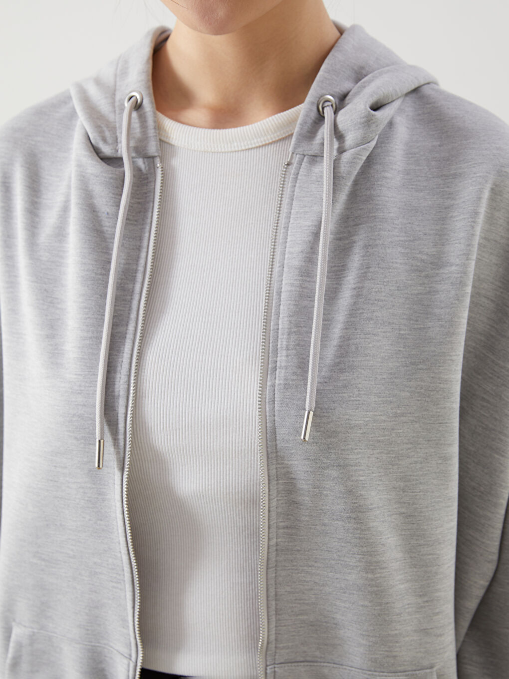 Gri Kapüşonlu Oversize Kadın Fermuarlı Sweatshirt-2