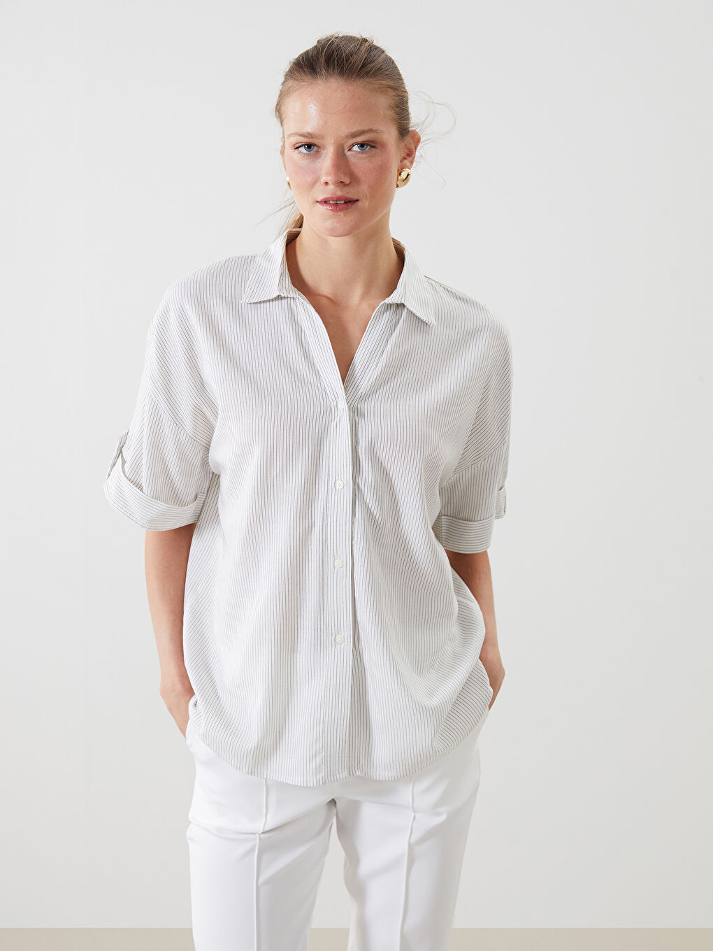 LCWAIKIKI Classic Striped Oversize Linen Blend Women's Shirt -S5GJ88Z8-ELZ