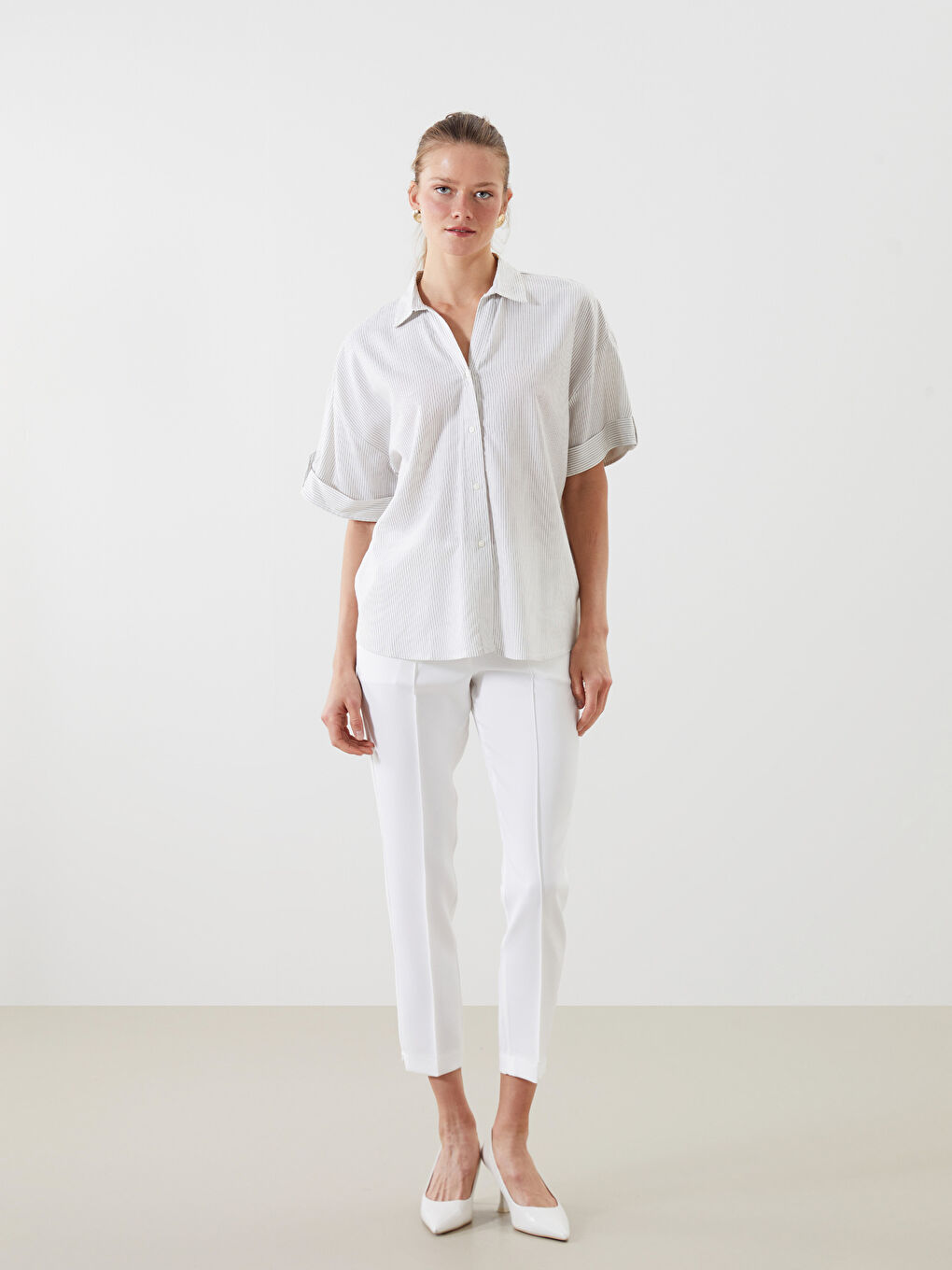 LCWAIKIKI Classic Striped Oversize Linen Blend Women's Shirt -S5GJ88Z8-ELZ