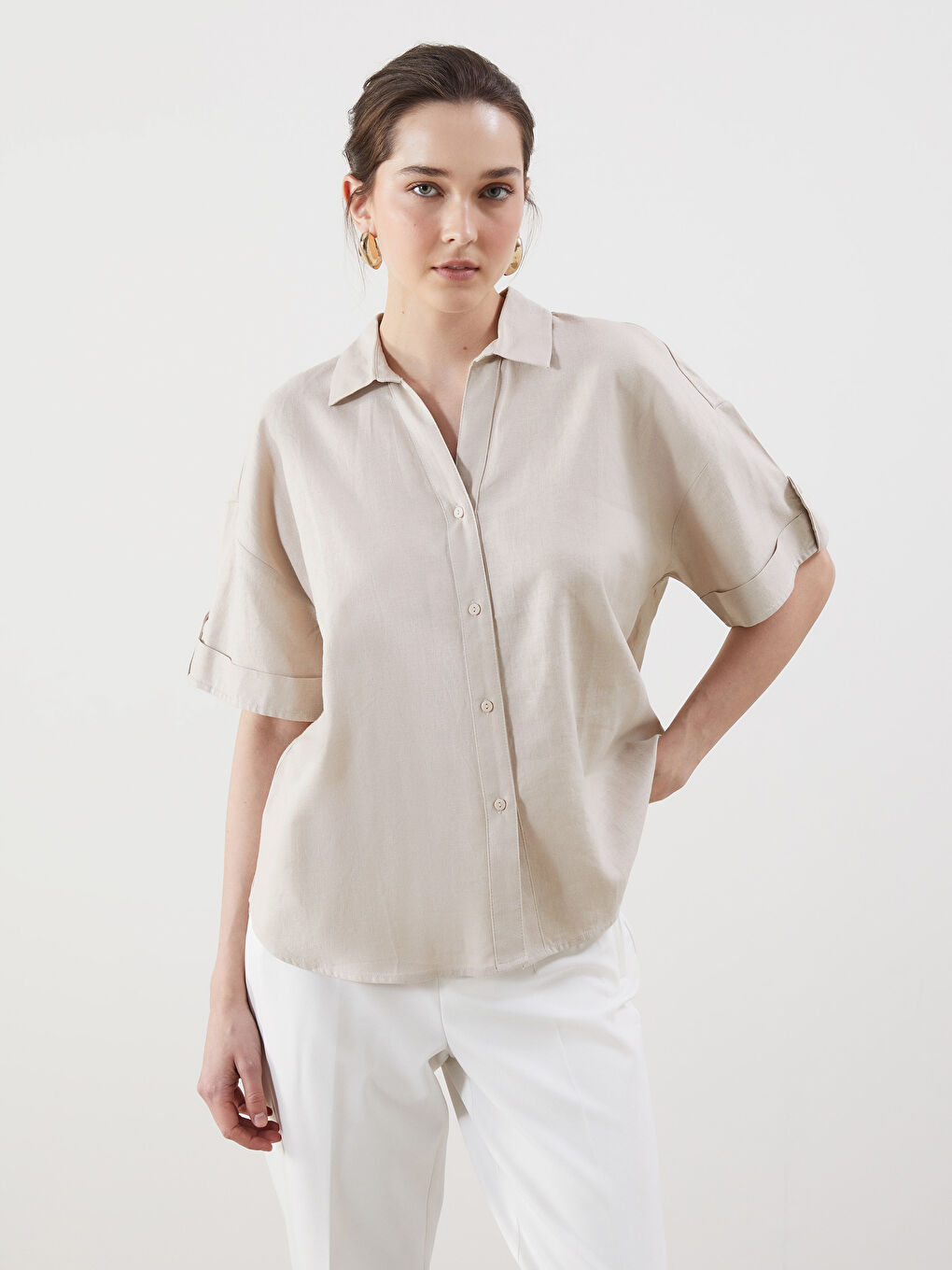 Oversize Linen Blend Women's Shirt -S5GJ88Z8-Z3M