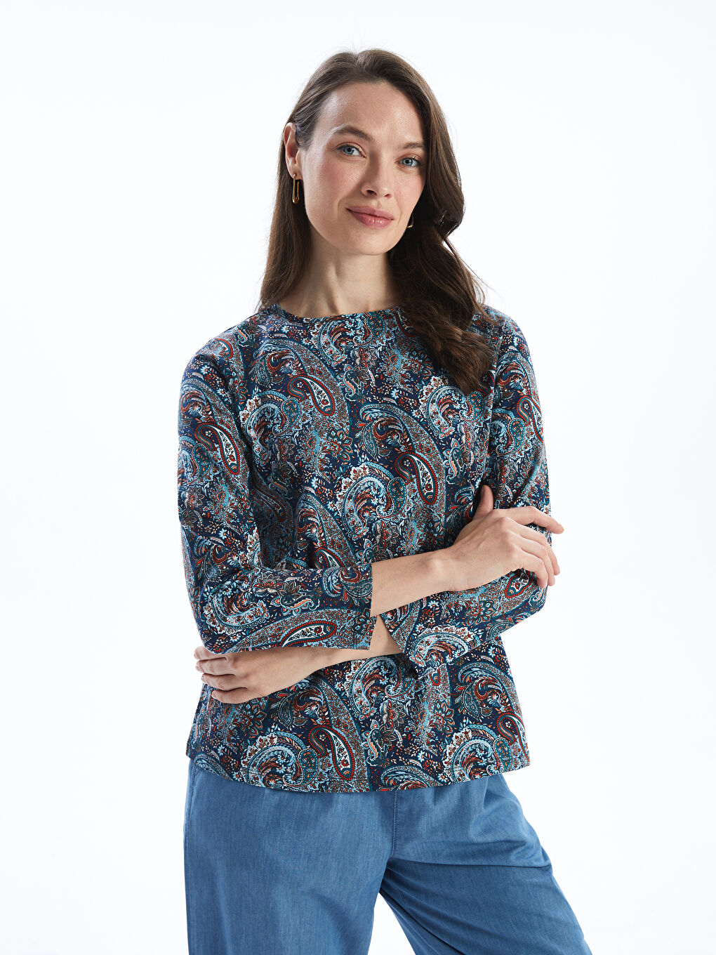 Mavi Bisiklet Yaka Çiçekli Kadın Bluz