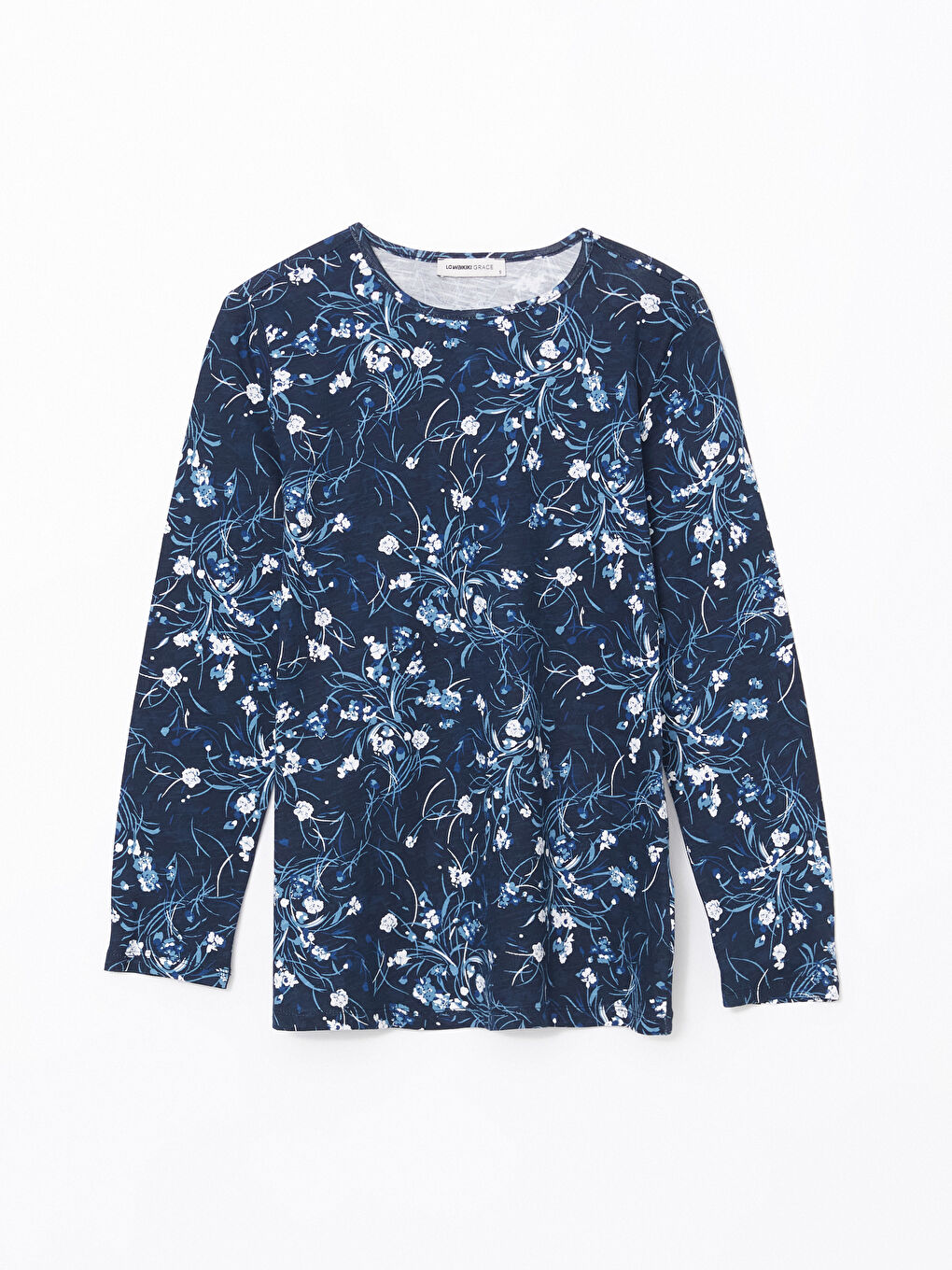 Lacivert Bisiklet Yaka Çiçekli Kadın Bluz-4