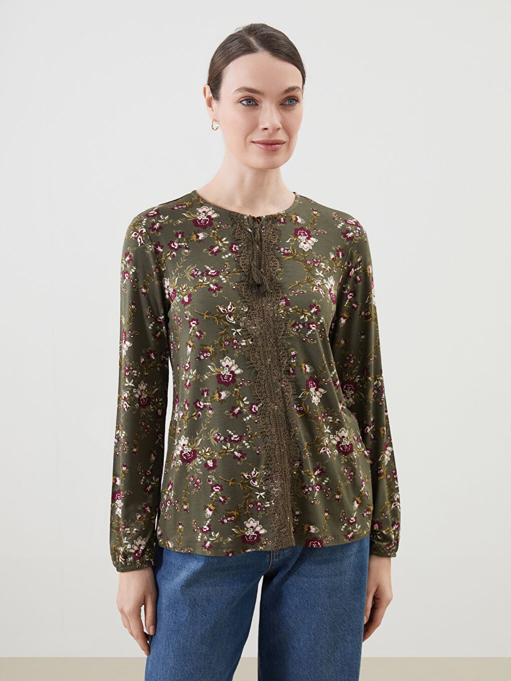 Tie Neck Floral Women's Blouse -S5GL14Z8-LS6