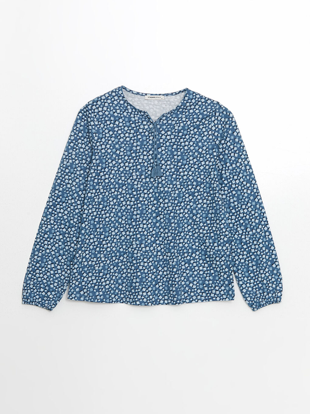 Mavi Bağlamalı Yaka Desenli Kadın Bluz-4