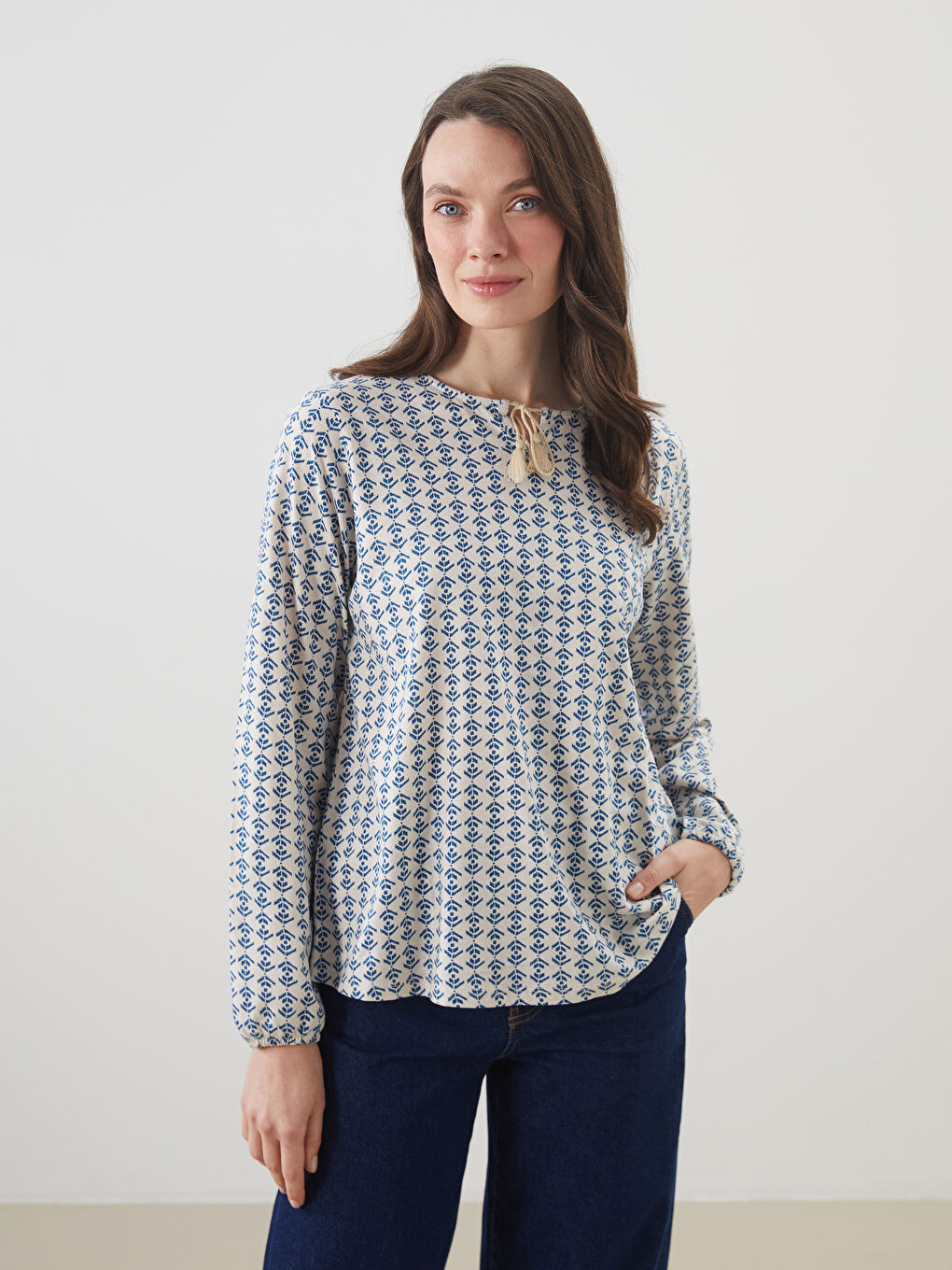 Tie Neck Patterned Women's Blouse -S5GL15Z8-LRA