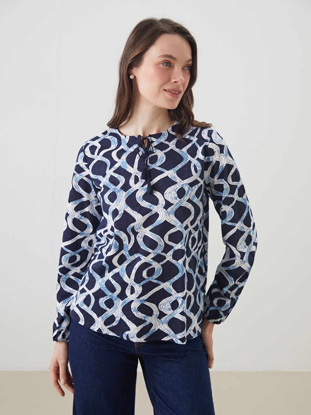 Tie Neck Patterned Women's Blouse -S5GL15Z8-LSH