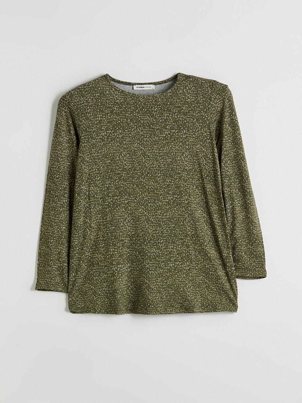 Haki Bisiklet Yaka Desenli Kadın Tişört-4